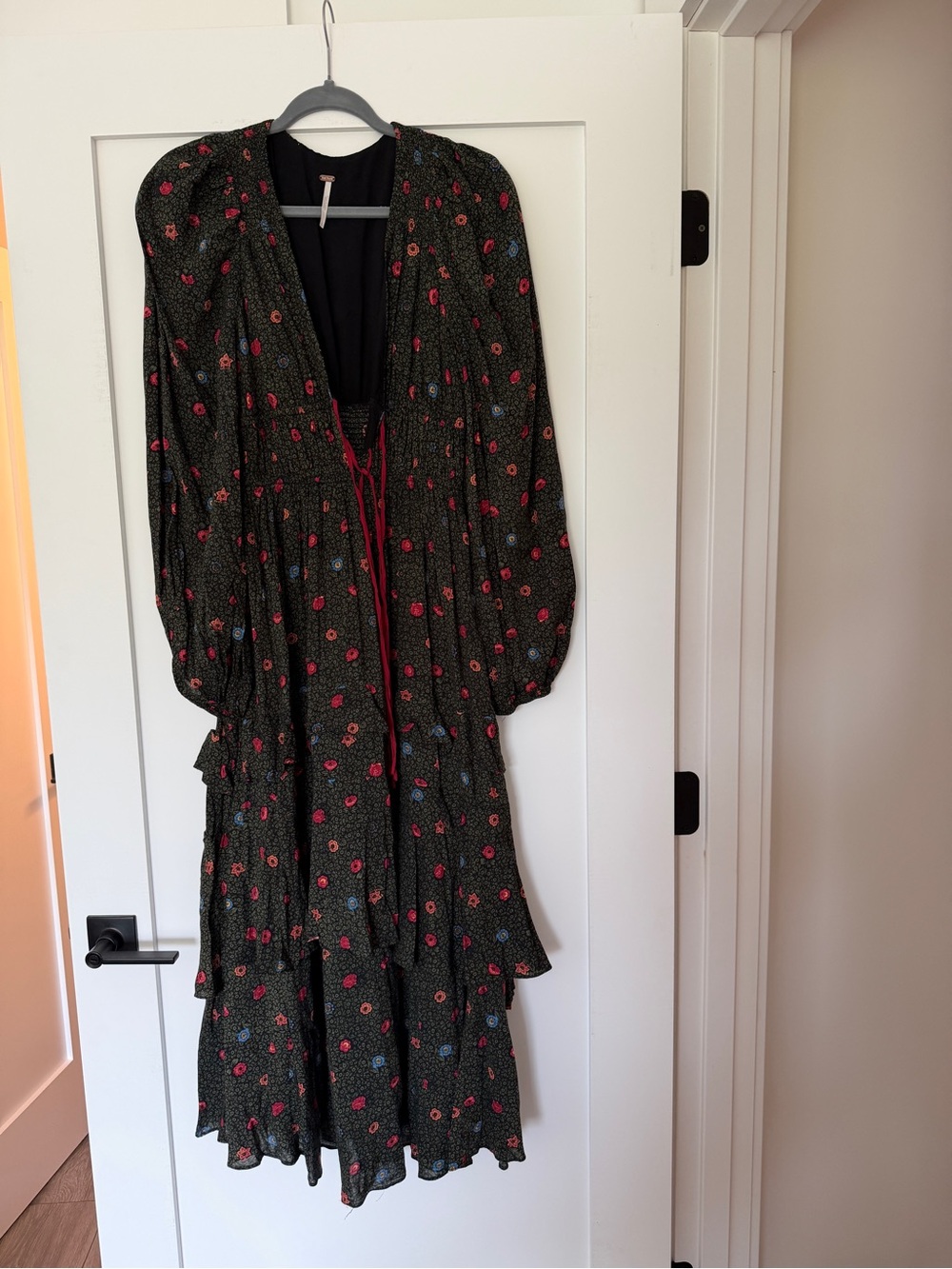 Free People Dark Green Tried and True Floral Tiered Maxi Dress with Red Tie - Picture 2 of 2